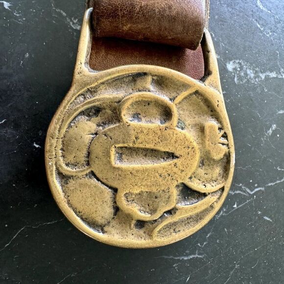 Vintage Womens 1970s Brown Leather Solid Brass Geometric Hippie Belt Sz L - Picture 5 of 5